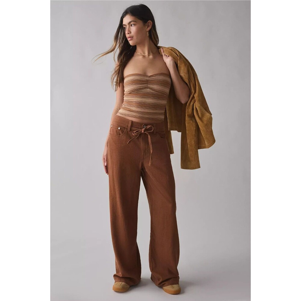 Levis Premium Womens XL Straight Linen Pants 24 Brown Mid Rise Baggy Loose Wide